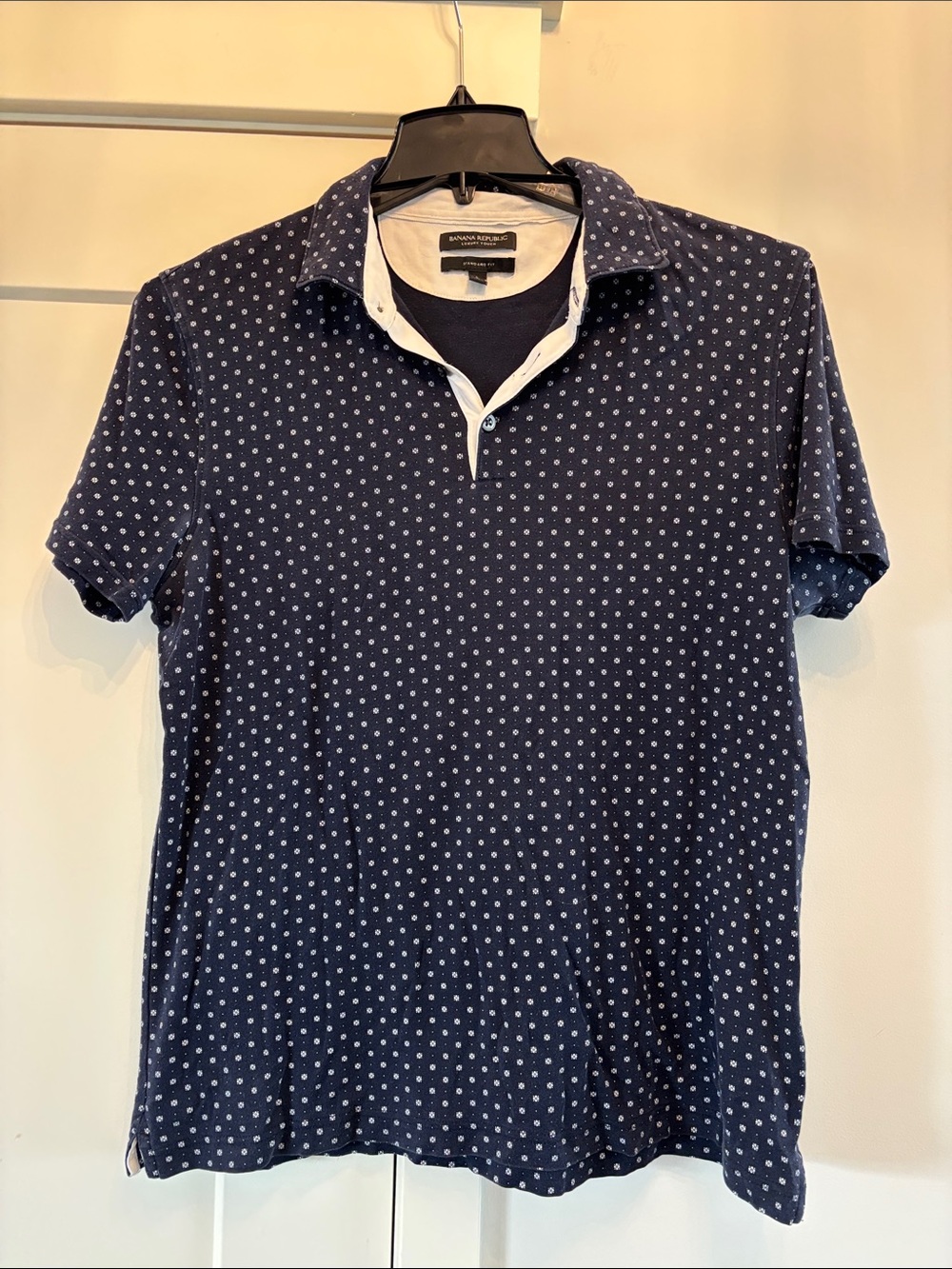 Banana Republic Navy Polo with White Microdot Pattern
